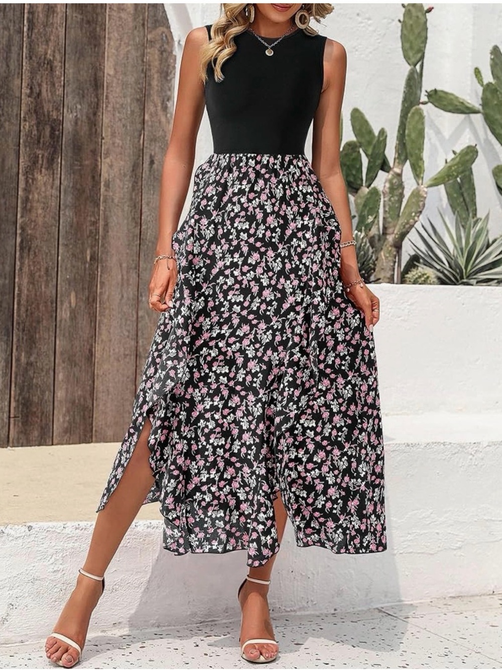 Sleeveless Black Maxi Dress with Pink Floral Skirt